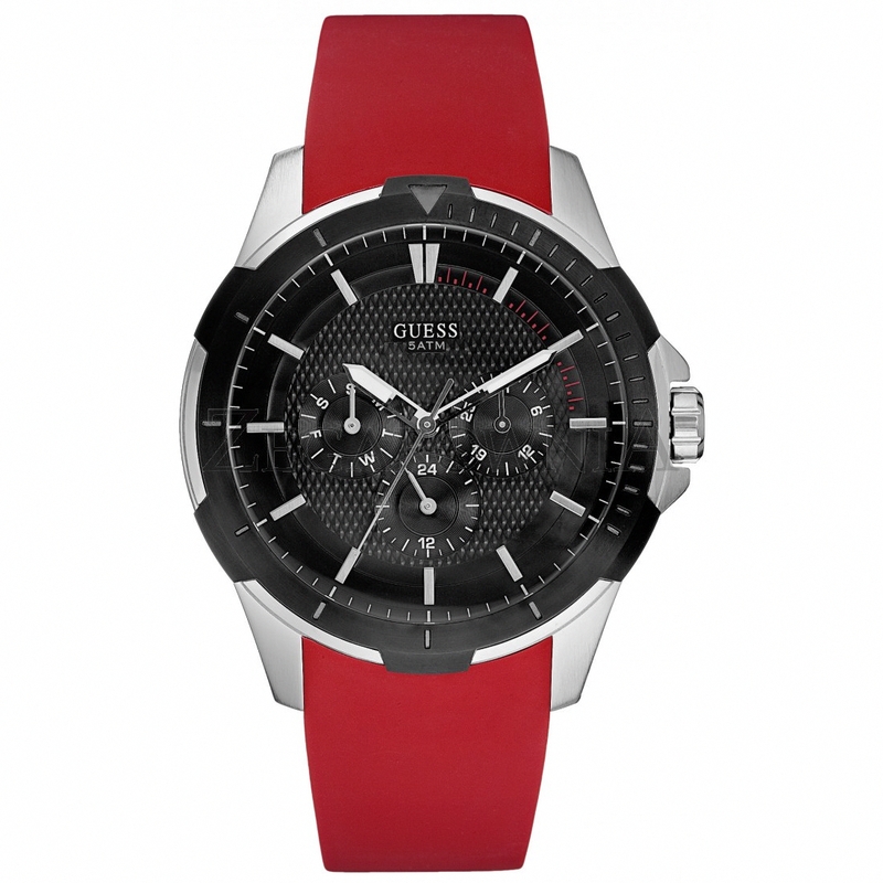 Guess Watches : W85079G3 Quartz Black Dial Stainless Steel Case With Red Rubber Strap Men Watch