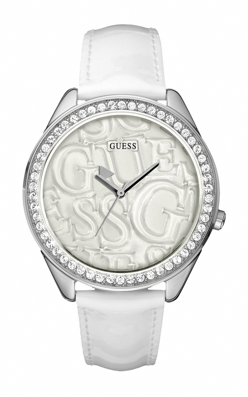 Guess Watches : W85098L1 Quartz Beige Dial Stainless Steel Case With White Leather Strap Women Watch