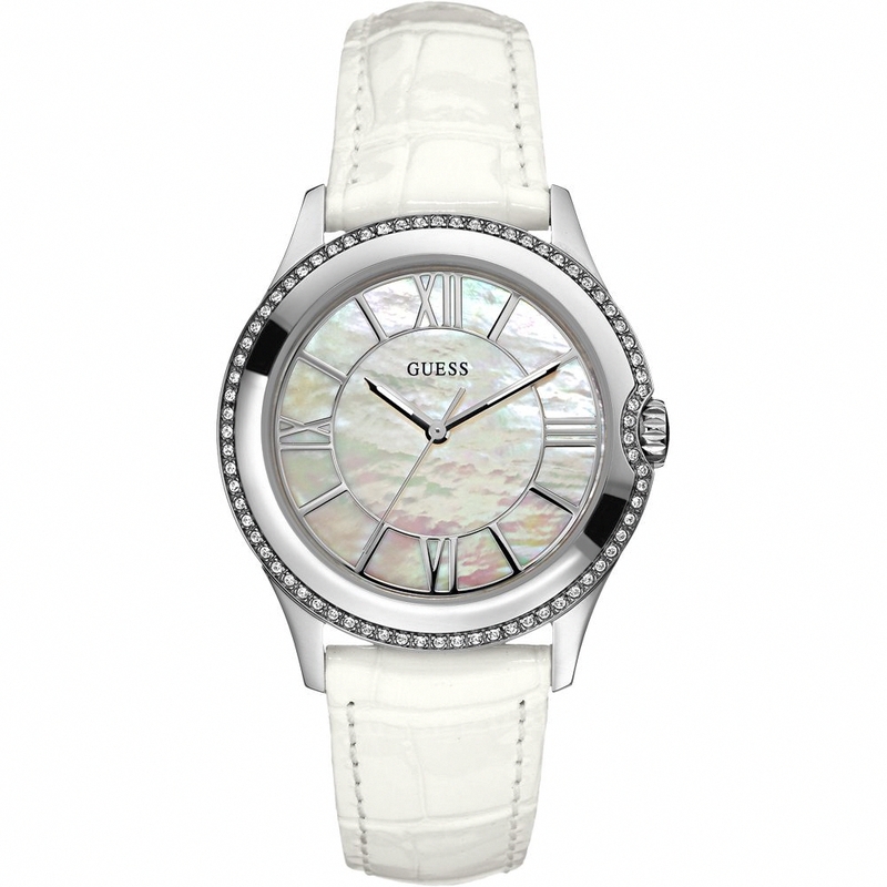 Guess Watches : W85116L1 Quartz White Mother Of Pearl Dial Stainless Steel Case With White Leather Strap Women Watch