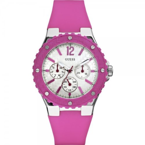 Guess Watches : W90084L2 Quartz White Dial Pink Stainless Steel Bracelet With Pink Rubber Strap Women Watch