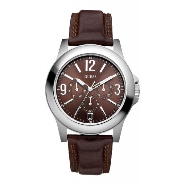 Guess Watches : W95110G1 Quartz Brown Dial Stainless Steel Case With Brown Leather Strap Men Watch