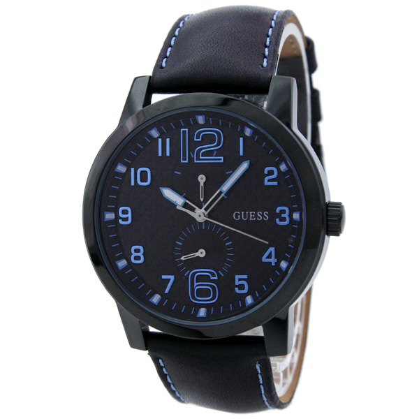 Guess Watches : W95111G3 Quartz Black Dial Stainless Steel Case With Black Leather Strap Men Watch