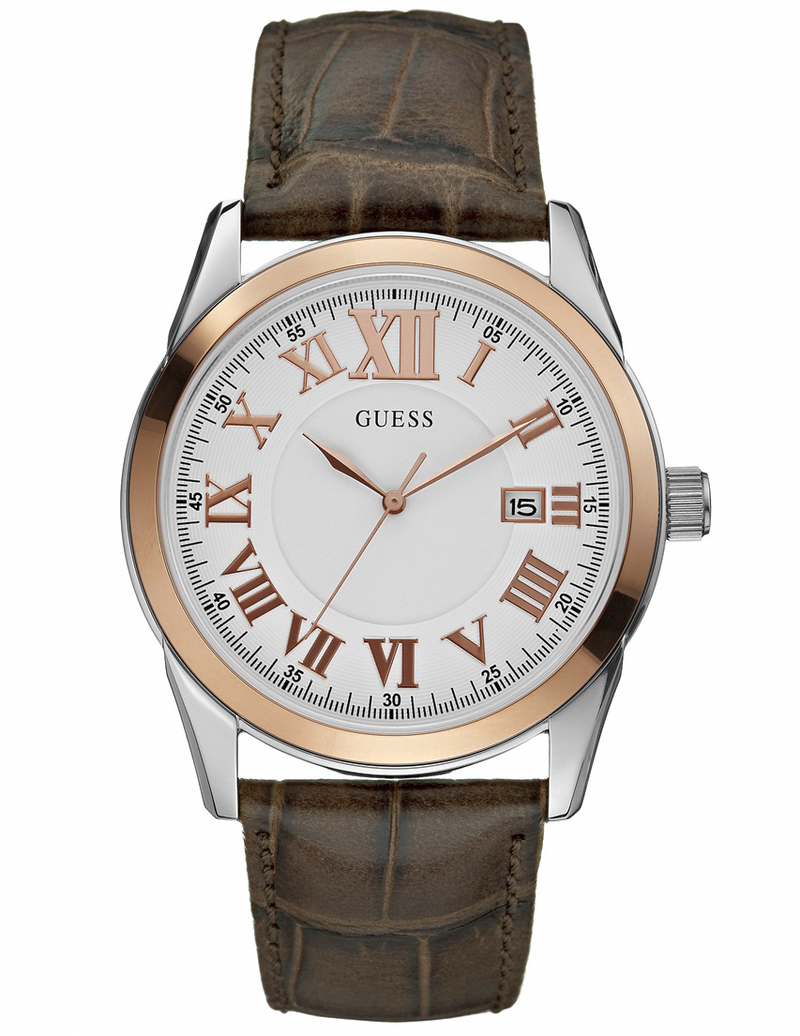 Guess Watches : W95142G1 Quartz White Dial Rose Gold Stainless Steel Case With Brown Leather Strap Men Watch