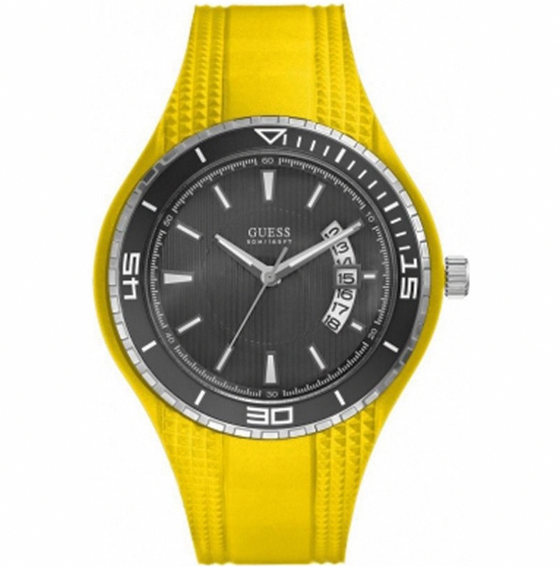 Guess Watches : W95143G6 Quartz Black Dial Stainless Steel Case With Yellow Rubber Strap Men Watch