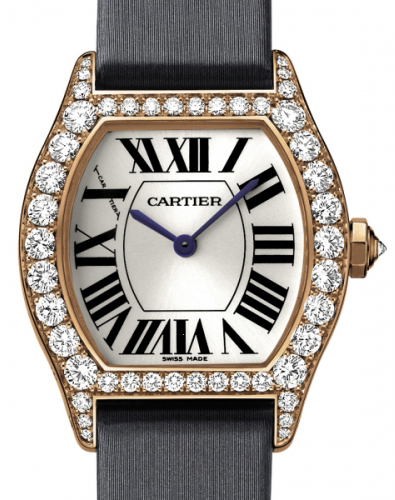 Cartier Watches : WA507031 Manual Winding Calibre 430 !8k Rose Gold Set With Diamonds Silver Sunray Finish With Roman Numurals And Blue Sword Shaped Hands Dial Black Satin Band Women Watch