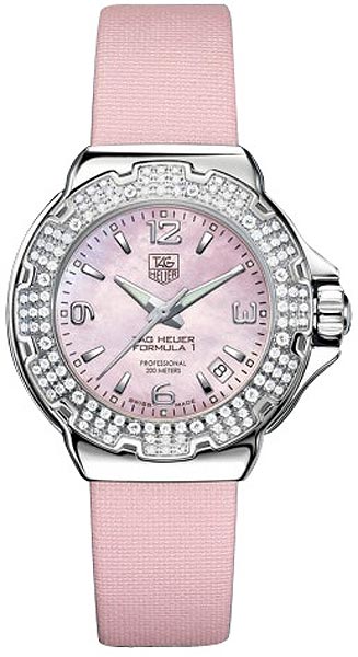 TAG Heuer Watches : WAC1216.FC6220 Quartz Pink Mother of Pearl Dial Date Diamond Bezel Pink Satin Women Watch