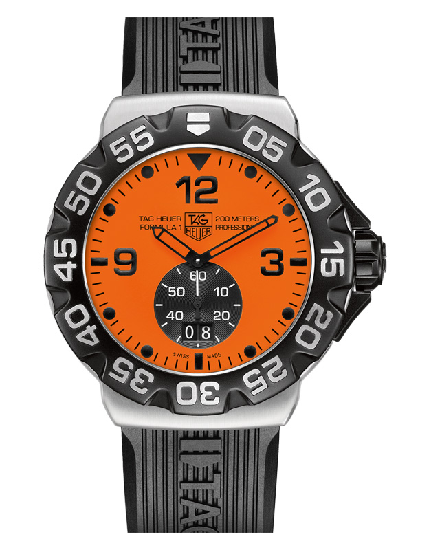 TAG Heuer Watches : WAH1012.FT6026 Quartz Brushed Stainless Steel Orange Dial Black Rubber Band Men Watch