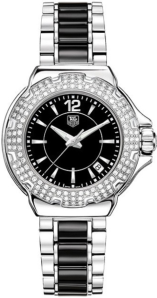 TAG Heuer Watches : WAH1214.BA0859 Quartz Black Dial Date Diamond Bezel Stainless Steel and Black Ceramic Women Watch