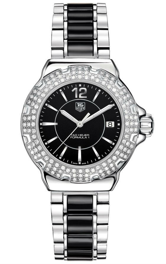 TAG Heuer Watches : WAH1217.BA0859 Quartz Analog Date Diamond Bezel Stainless Steel and Black Ceramic Women Watch