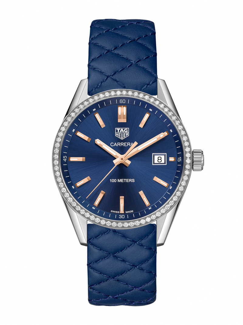 TAG Heuer Watches : WAR1114.FC6391 Quartz Date Diamond Bezel Blue Leather Women Watch