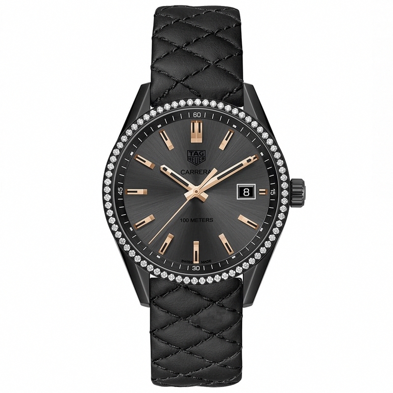 TAG Heuer Watches : WAR1115.FC6392 Quartz Date Diamond Bezel Black Leather Women Watch