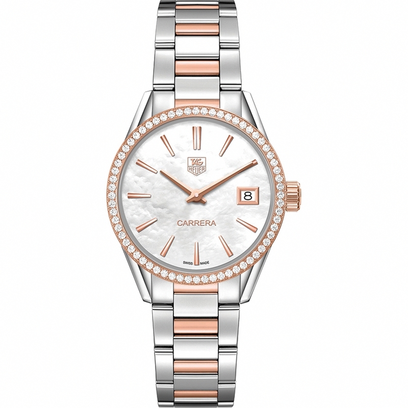 TAG Heuer Watches : WAR1353.BD0779 Quartz White Mother of Pearl Dial Date 18k Rose Gold and Stainless Steel Women Watch