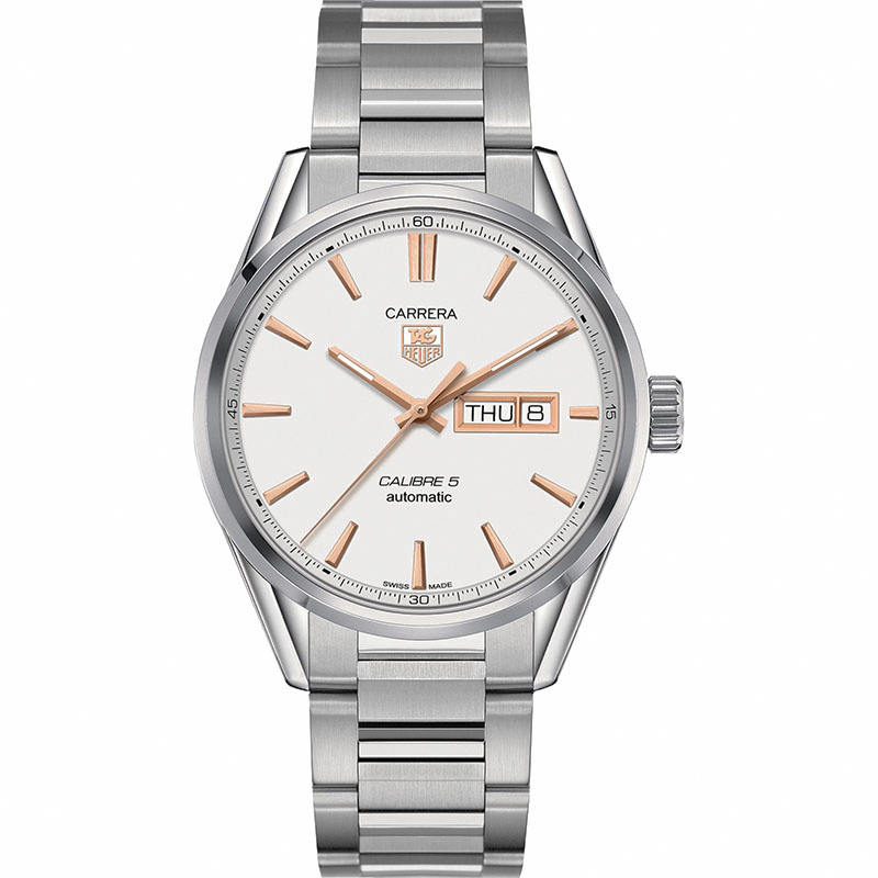 TAG Heuer Watches : WAR201D.BA0723 Automatic Calibre 5 Silver Opalin Dial Day Date Stainless Steel Men Watch