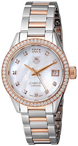 TAG Heuer Watches : WAR2453.BD0772 Automatic Calibre 9 Mother of Pearl Diamond Dial Diamond Bezel Stainless Steel and Rose Gold Women Watch