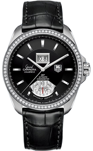 TAG Heuer Watches : WAV5115.FC6225 Automatic C.O.S.C GMT Diamond Set Bezel Black Leather Men Watch