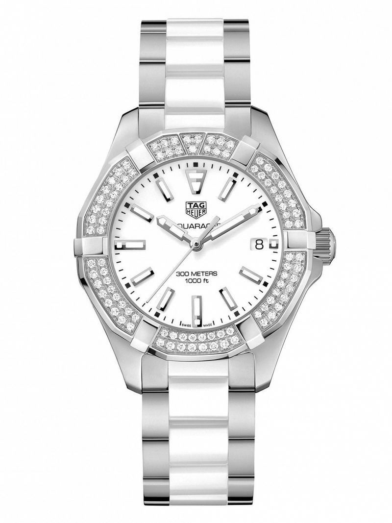 TAG Heuer Watches : WAY131F.BA0914 Quartz Date Diamond Bezel Stainless Steel and White Ceramic Women Watch