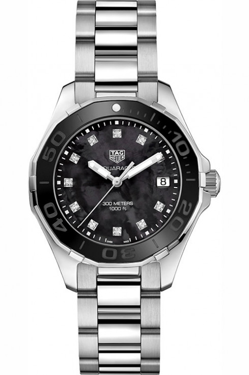 TAG Heuer Watches : WAY131M.BA0748 Quartz Black Mother of Pearl Diamond Dial Date Stainless Steel Women Watch