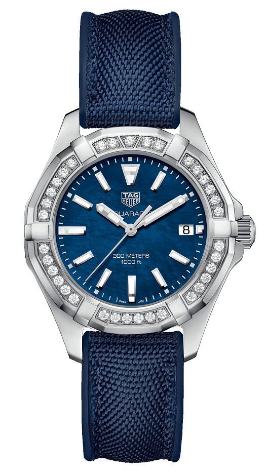 TAG Heuer Watches : WAY131N.FT6091 Quartz Blue Mother of Pearl Dial Diamond Bezel Blue Textile Women Watch