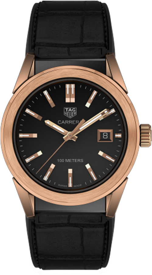 TAG Heuer Watches : WBG1351.FC6418 Quartz Analog Date 18k Rose Gold Bezel Black Leather Women Watch