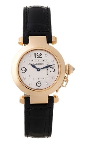 Cartier Watches : WJ11913G Battery Operated Quartz 18k Rose Gold Silver Sunray Dial With Diamonds Dial Black Crocodile Leather Band Women Watch