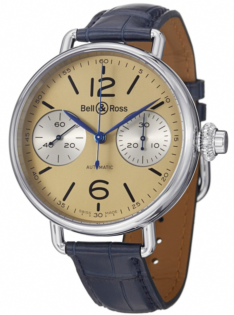 Bell & Ross Watches : WW1-Chronograph-Monopoussoir Automatic Ivory Dial Brown Calfskin Leather Band Men Watch
