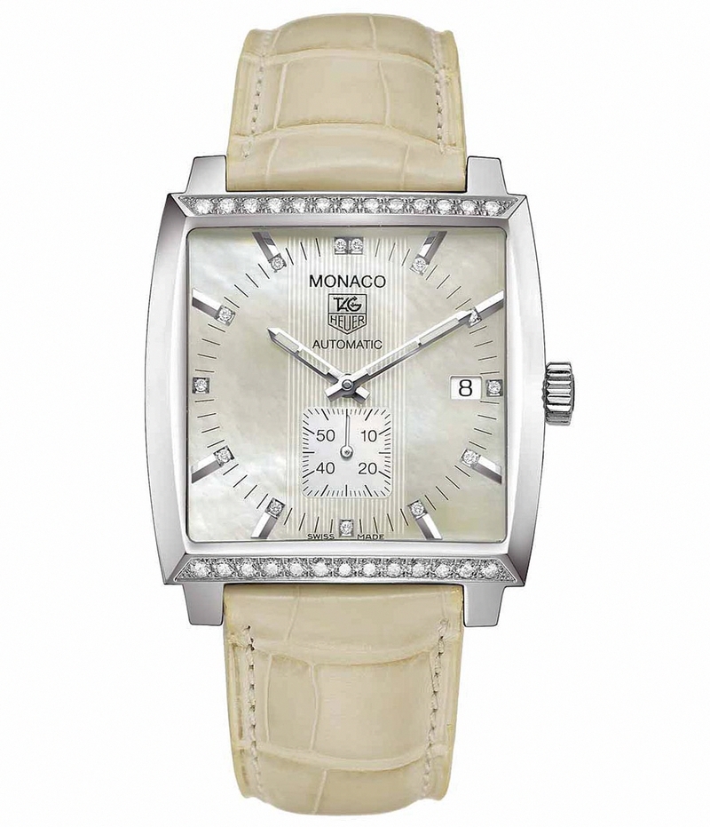 TAG Heuer Watches : WW2114.FC6215 Automatic Mother of Pearl Diamond Dial Diamond Bezel Cream Leather Women Watch