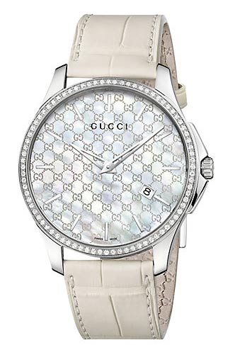 Gucci Watches : YA126306 Quartz Mother of Pearl Dial Date Diamond Bezel White Leather Men Watch