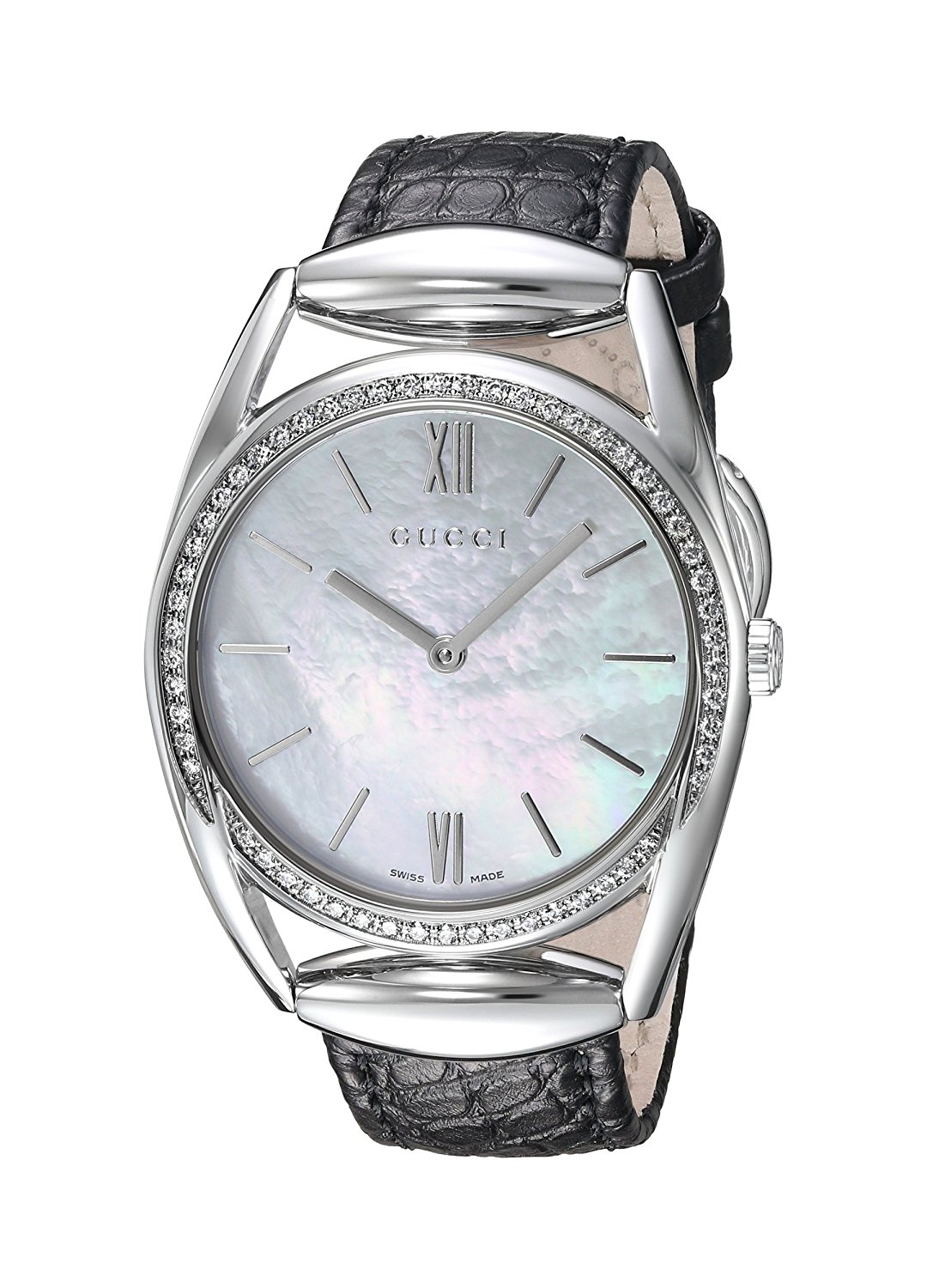 Gucci Watches : YA140406 Quartz Mother of Pearl Dial Diamond Bezel Black Leather Women Watch