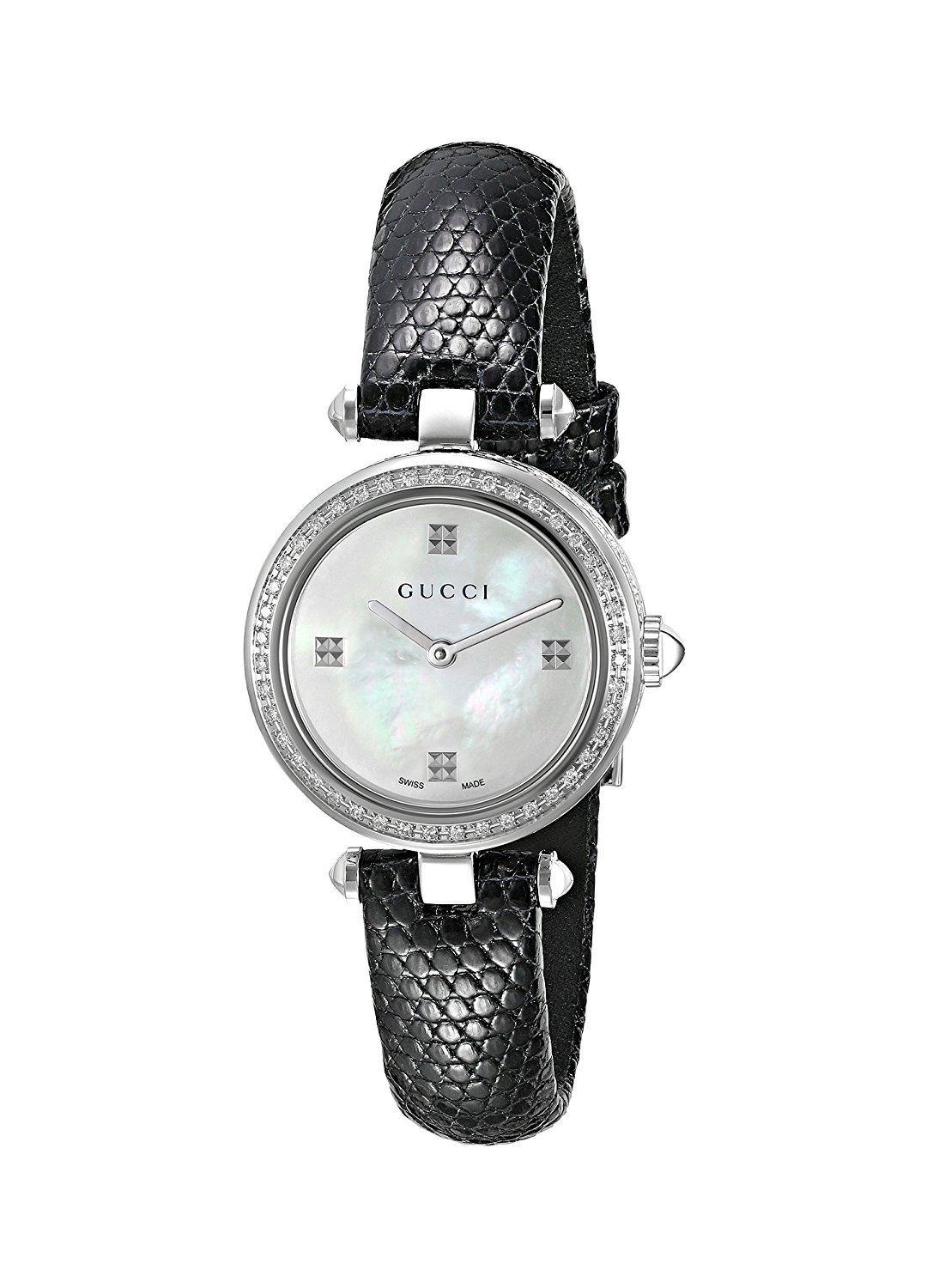 Gucci Watches : YA141507 Quartz Mother of Pearl Dial Diamond Bezel Black Leather Women Watch
