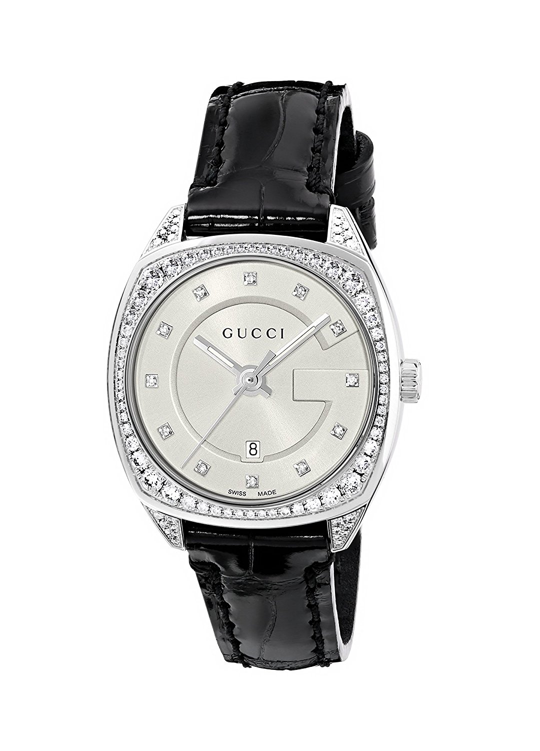 Gucci Watches : YA142507 Quartz Diamond Dial Diamond Bezel Black Leather Women Watch